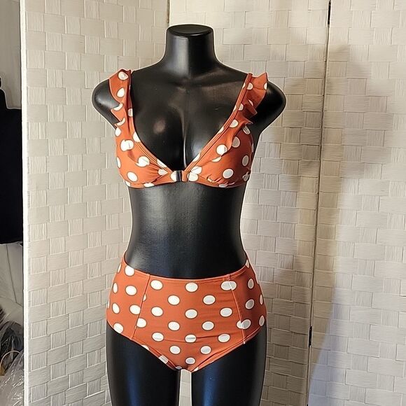 BRAND NEW XHILARATION HATER NECK POLKA-DOT PADDED BRA SWIMSUITS SET - Picture 2 of 13